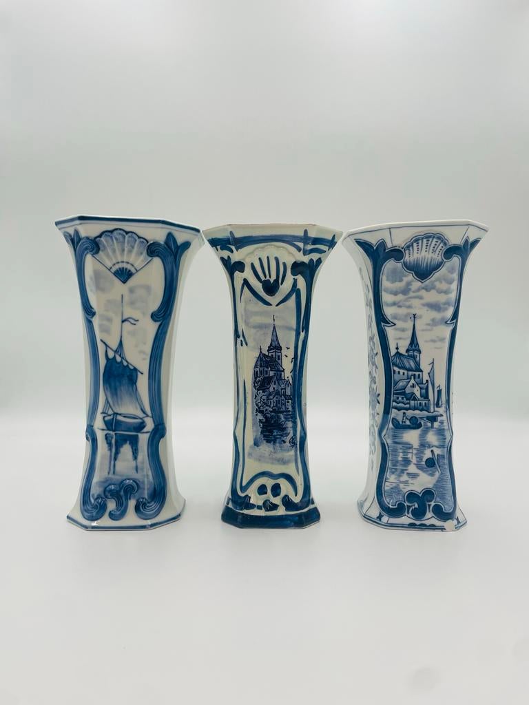 Set van 3 Delft Blauw Tulpen Vazen - Hollands Tafereel, Ophalen of Verzenden