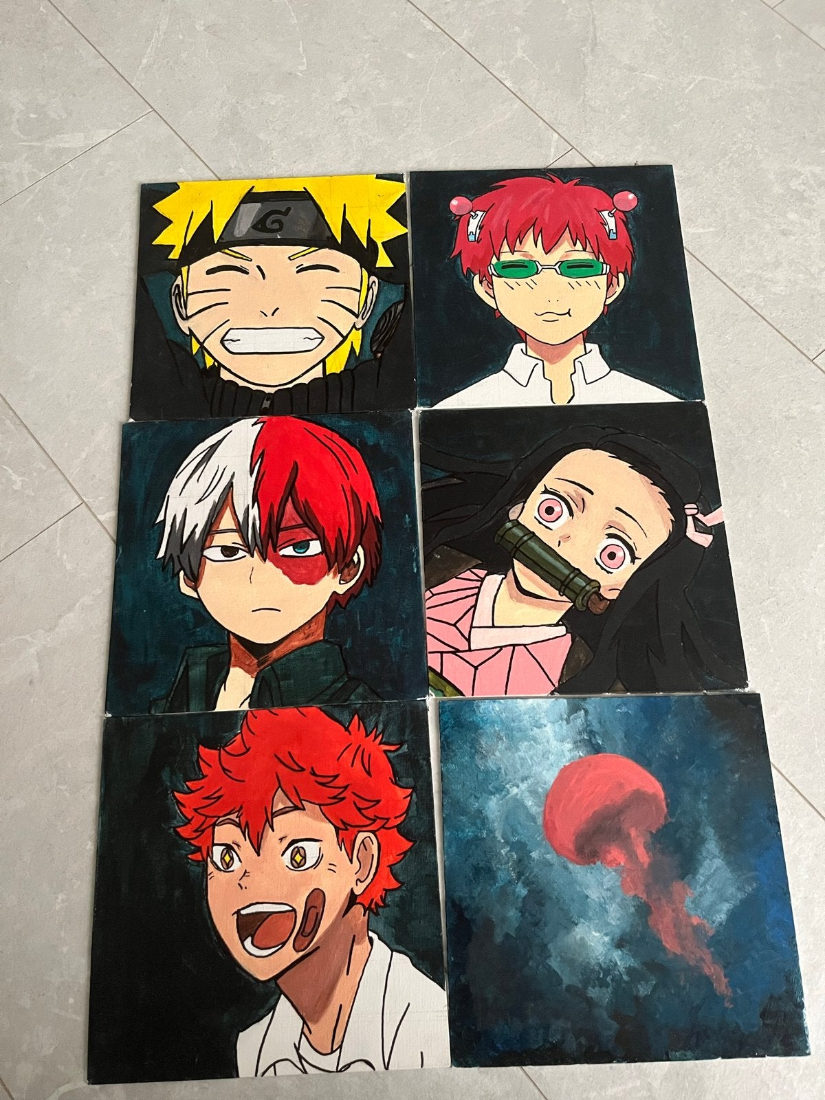Set van 6 Anime/Manga Schilderijen - Handgeschilderd, Antiek en Kunst, Kunst | Schilderijen | Klassiek, Portret of Personen, Overige stijlen