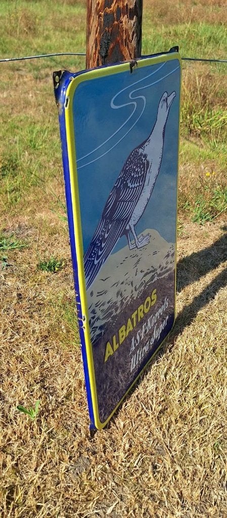 Vintage emaille reclamebord van Albatros A.S.F. Korrels., Reclamebord, Gebruikt, ., Ophalen of Verzenden