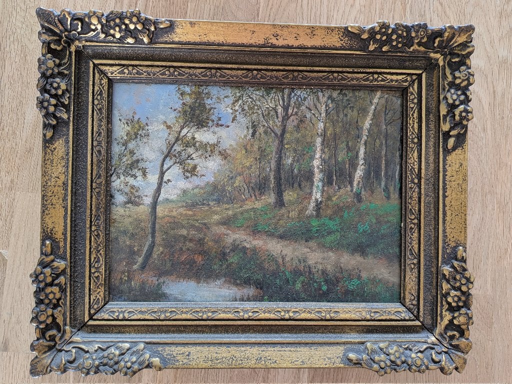 Klassiek olieverfschilderij,  Boslandschap met berken, Antiek en Kunst, Ophalen of Verzenden, Ingelijst