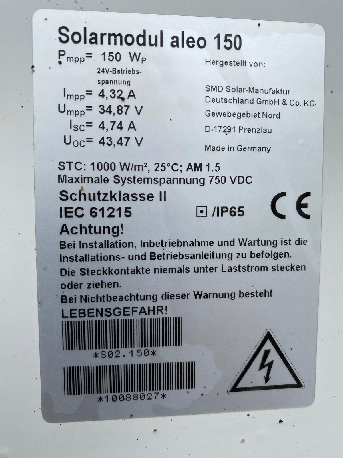 Zonnepaneel Aleo 150 Wp - Made in Germany, Ophalen, Gebruikt, Paneel, 100 tot 200 wattpiek
