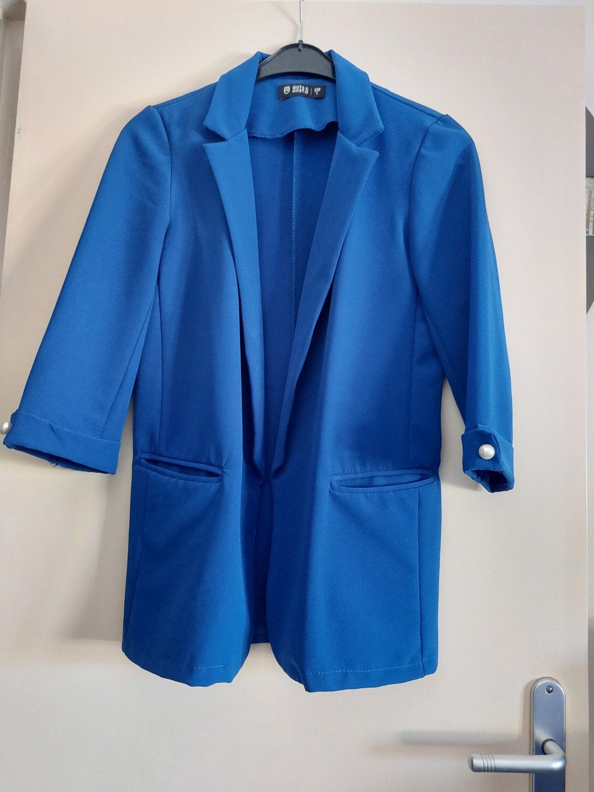 Blauwe blazer met parelknopen van Guts & Gusto, Guts & Gusto, Blauw, Maat 42/44 (L), Ophalen of Verzenden