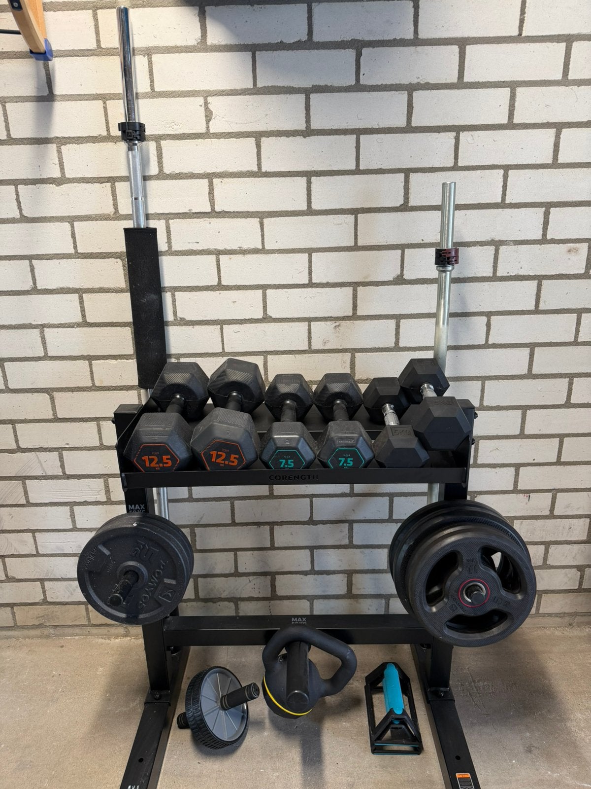 Opbergrek Halter rek met gewichten en stangen, Ophalen, Zo goed als nieuw, Halterset