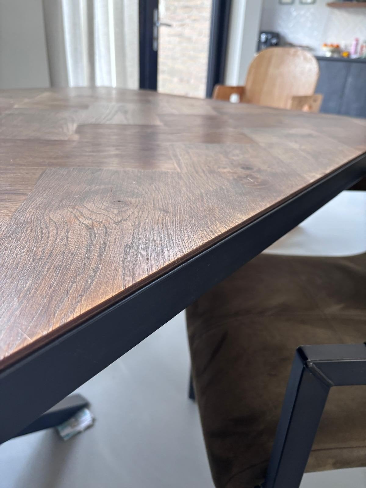 Eetkamertafel Taranto eiken mozaïek 240x100cm vlinderpoot, Ophalen, Rechthoekig, 200 cm of meer, 50 tot 100 cm