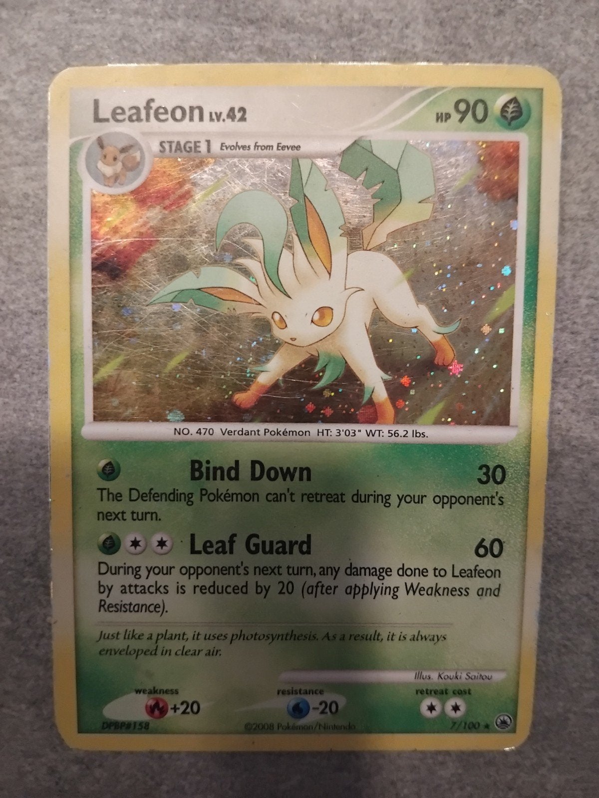 Leafeon LV.42 Pokémon Kaart - HP 90 - 7/100 uit 2008, Ophalen of Verzenden, Gebruikt, Losse kaart, Foil