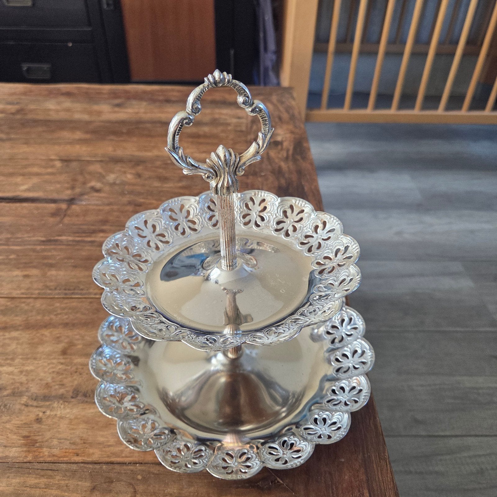Vintage zilverkleurige etagère  1900/1920 2 schalen, Ophalen of Verzenden
