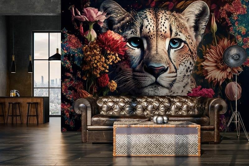Fotobehang / Behang - Luipaard - Panter en Bloemen, Fotobehangkoning.nl, Geel, Hoogeveen, Info@fotobehangkoning.nl