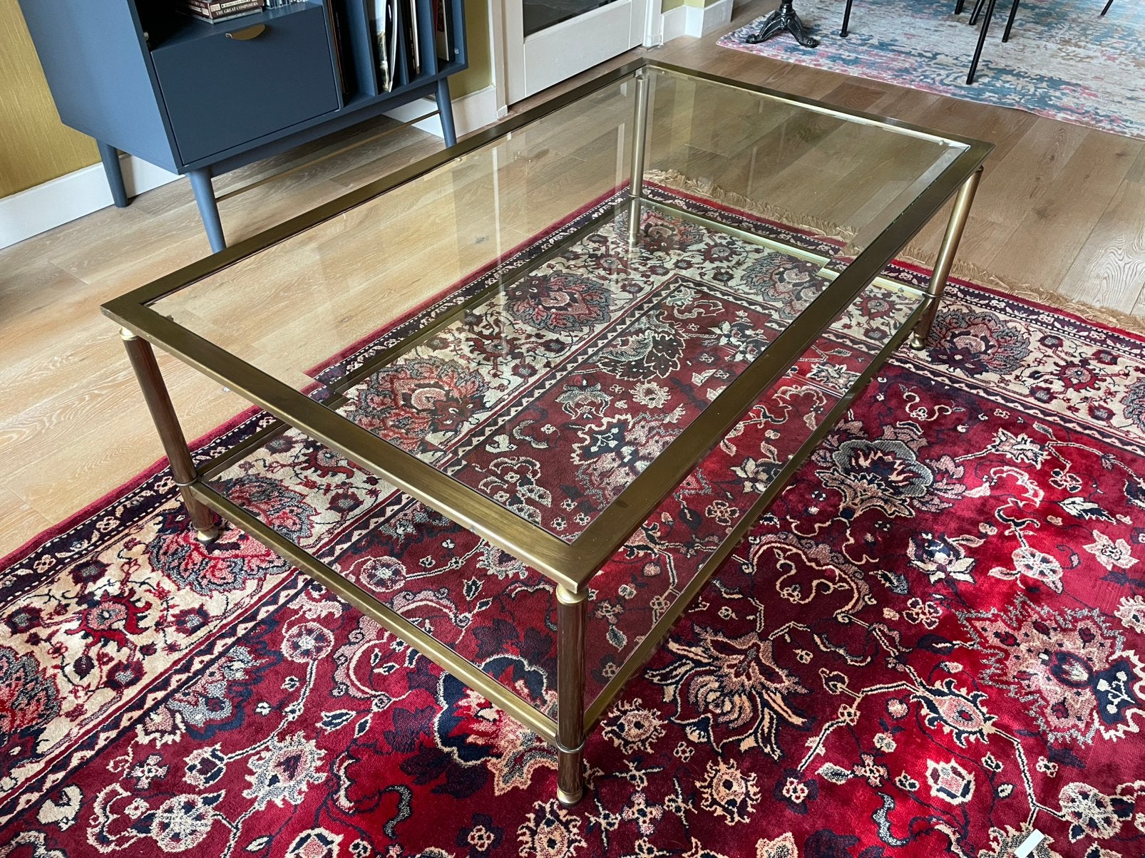 Vinatage glazen goud geelkoper messing salontafel, Ophalen, Gebruikt, 100 tot 150 cm, 50 tot 100 cm