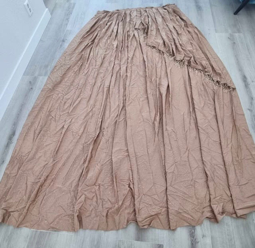 Luxe klassieke gordijnen set kraaltjes taupe beige 240x200cm, Ophalen of Verzenden, Zo goed als nieuw, Beige, Gordijn