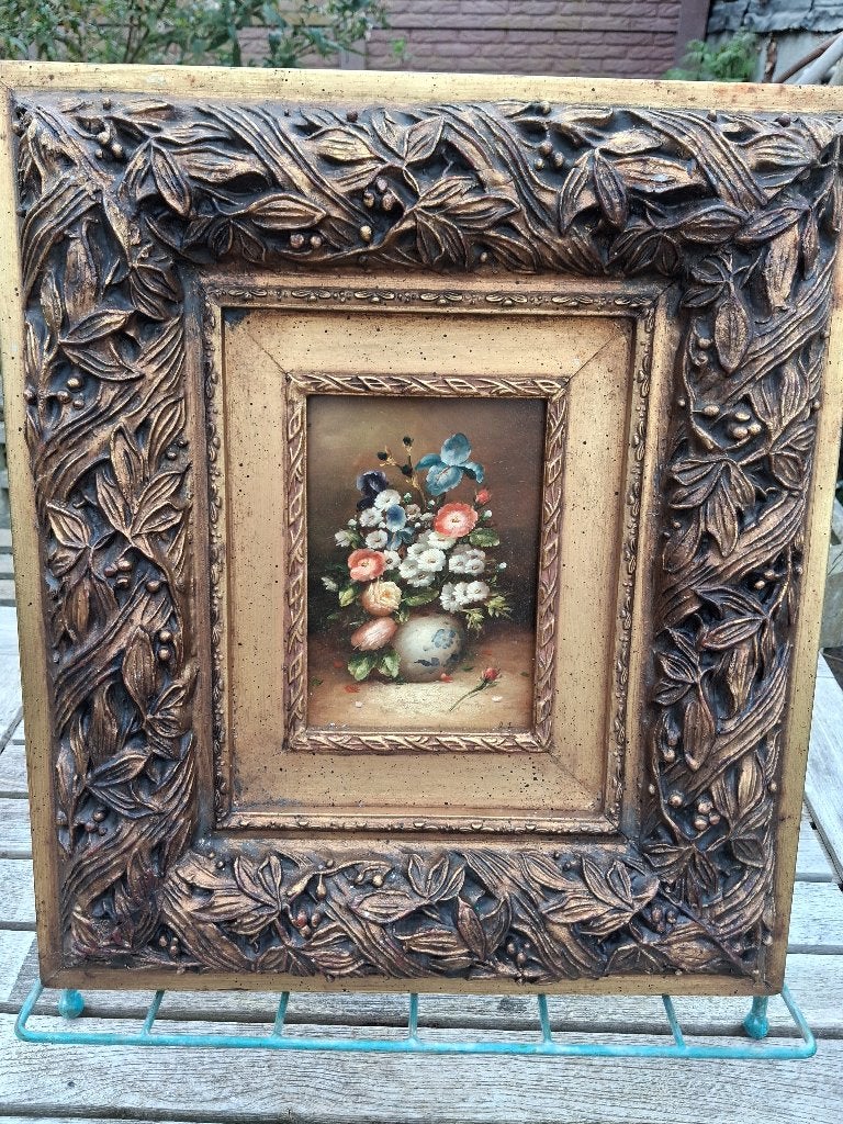 Olieverf Bloemstilleven op Paneel met Kapitale Sierlijst, Bloemen, Paneel, Bijzondere lijst, Ophalen of Verzenden