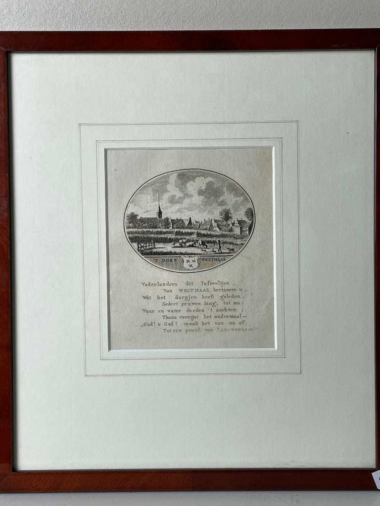 Westmaas - oude gravure van 't dorp - nieuwe lijst, Antiek en Kunst, Ingelijst, 1950 - 1999, Stadsgezicht, Ophalen of Verzenden