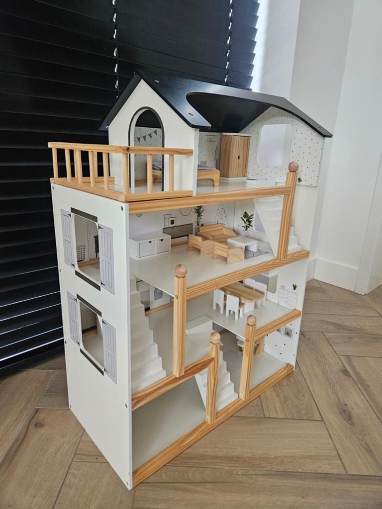 Petite Amelie Poppenhuis, incl. meubels, wit/zwart, zgan, Ophalen, Zo goed als nieuw, Poppenhuis