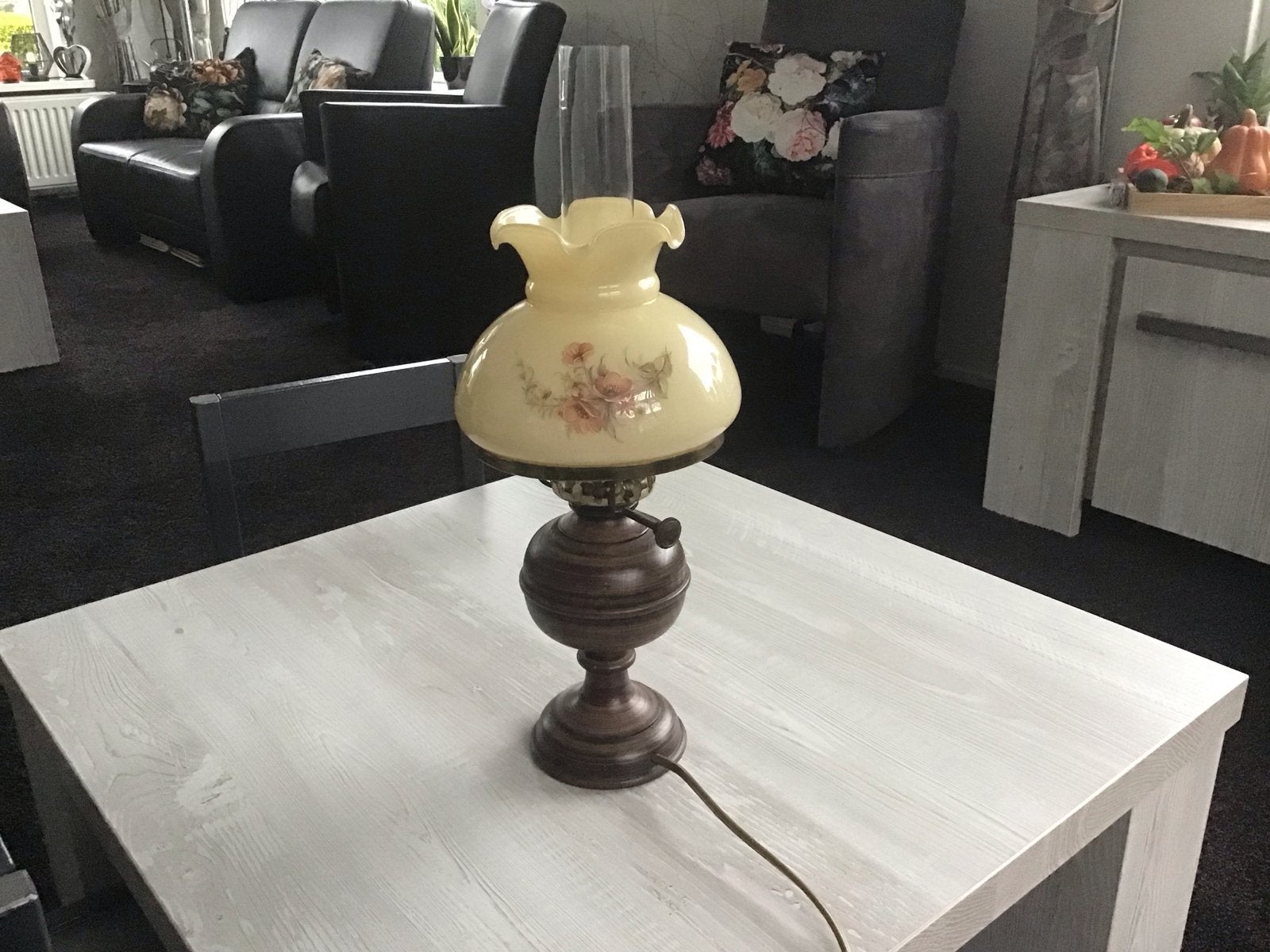 Vintage olielamp met bloemmotief, Ophalen of Verzenden
