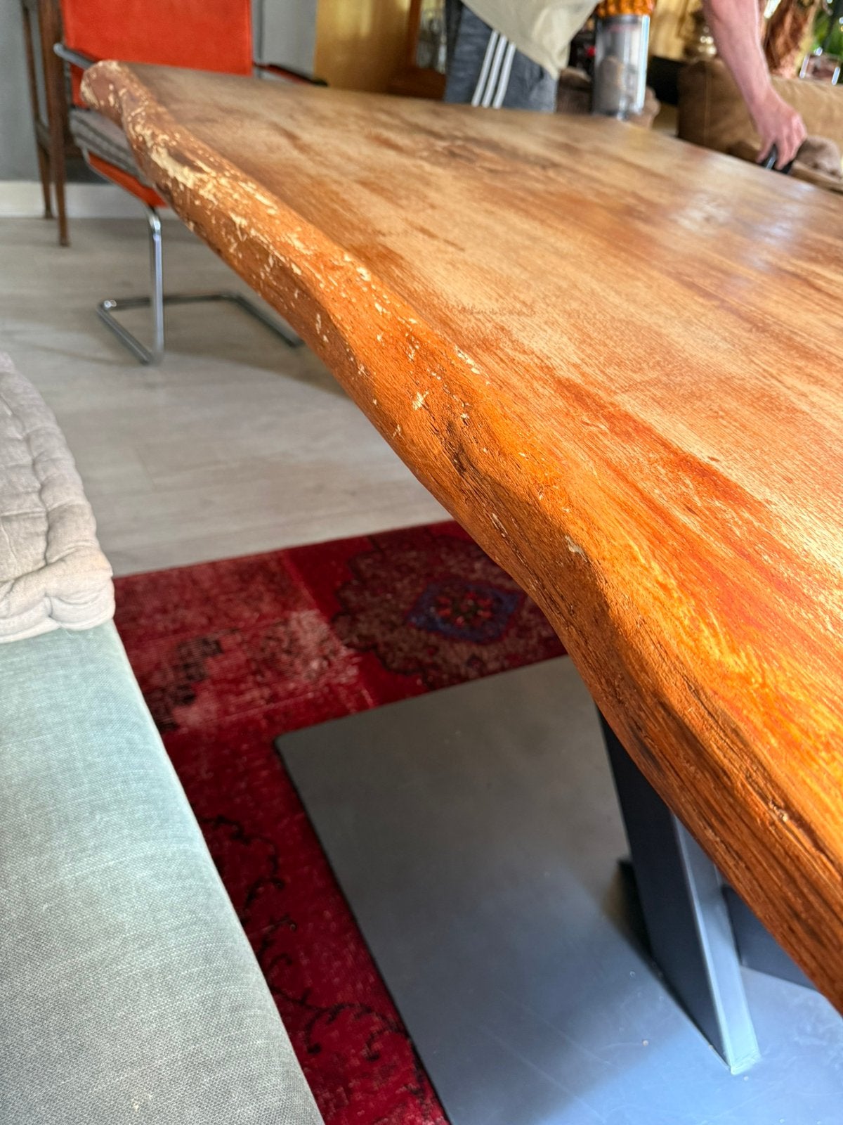Boomstamtafel eiken met stalen voet, Ophalen, Gebruikt, Eikenhout, 200 cm of meer