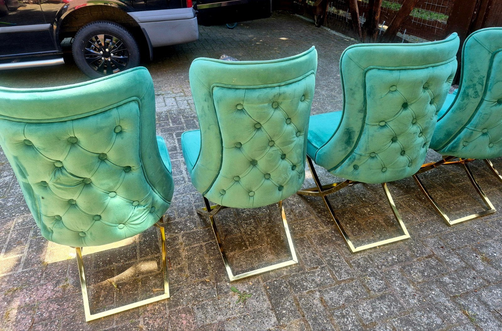 5 Eric Kuster eetkamerstoelen in smaragdgroen velours, Huis en Inrichting, Overige kleuren, Modern, Luxe, Glamour, Ophalen of Verzenden
