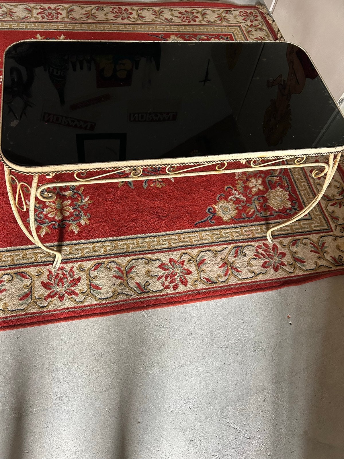 Vintage salontafel met smeedijzeren frame en glazen blad, Ophalen