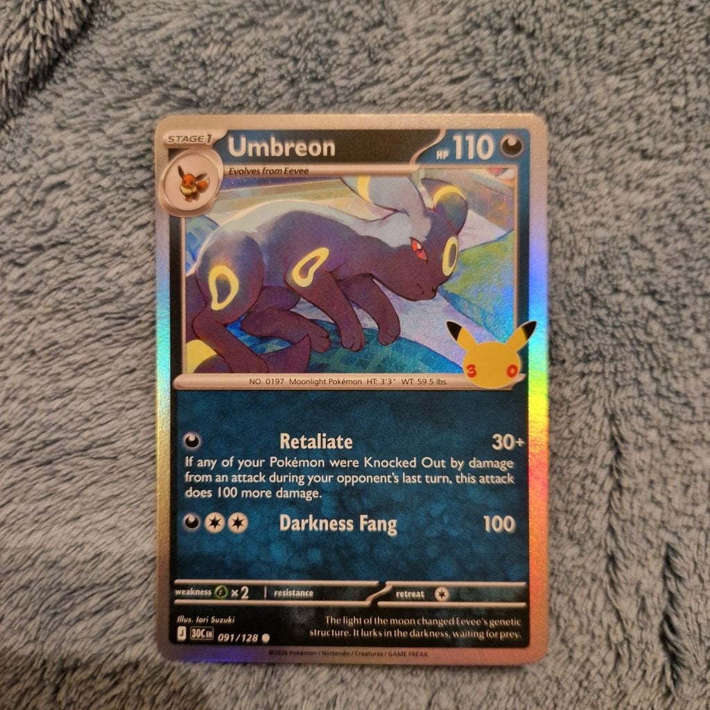 Umbreon 091/128 Pokémon 30th Celebration holo, Ophalen of Verzenden, Zo goed als nieuw, Losse kaart, Foil