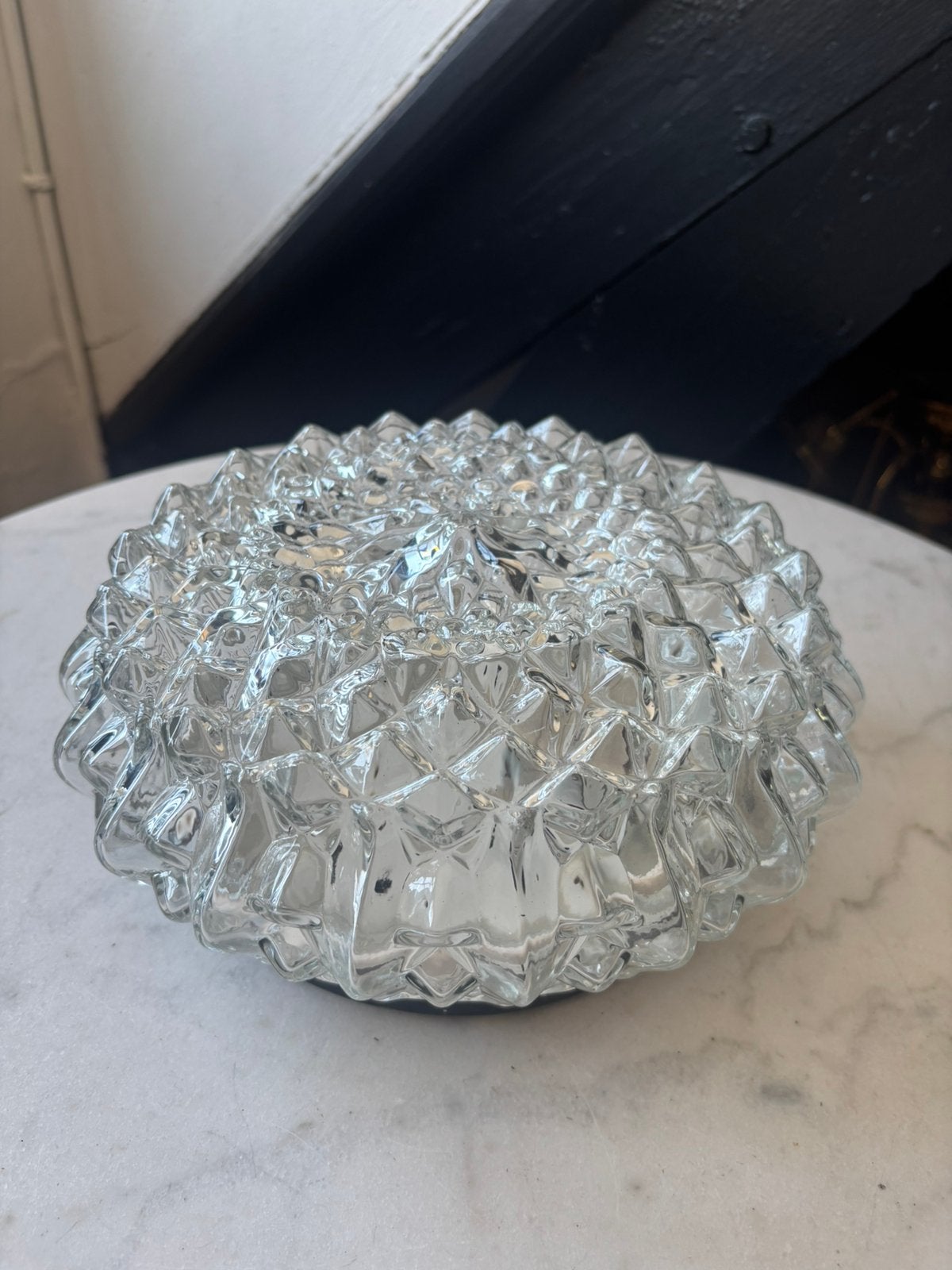 Vintage ronde plafoniere diamant driehoek bloem glazen lamp, Ophalen of Verzenden, Zo goed als nieuw, Metaal