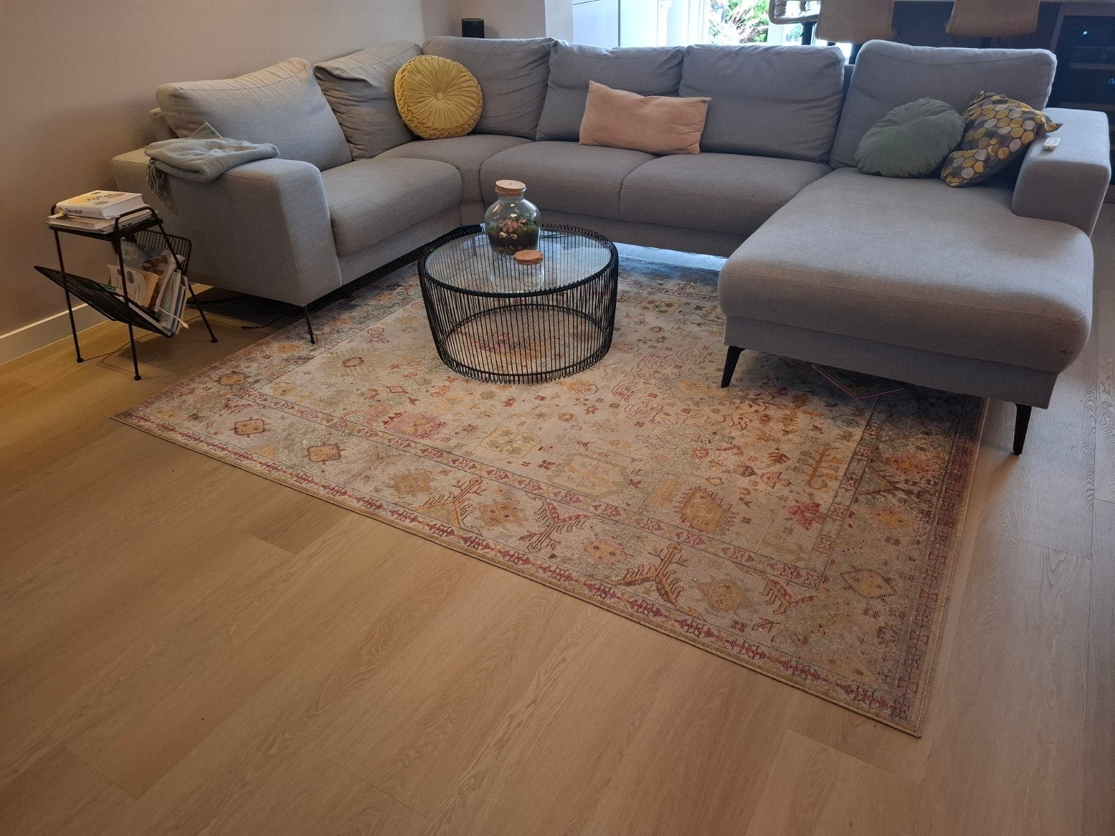 Vintage Vloerkleed met zachte Roze Geel Groen teinten, Ophalen, Gebruikt, Groen, 200 cm of meer
