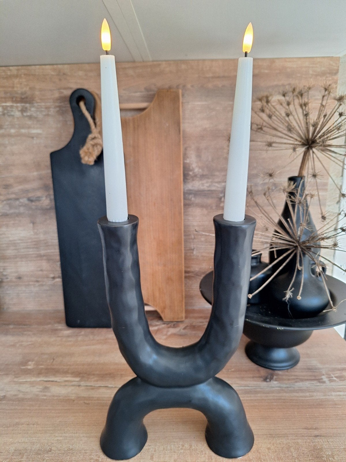 Moderne Zwarte Kandelaar - Uniek Design, Huis en Inrichting, Woonaccessoires | Kandelaars en Kaarsen, Ophalen, Overige materialen