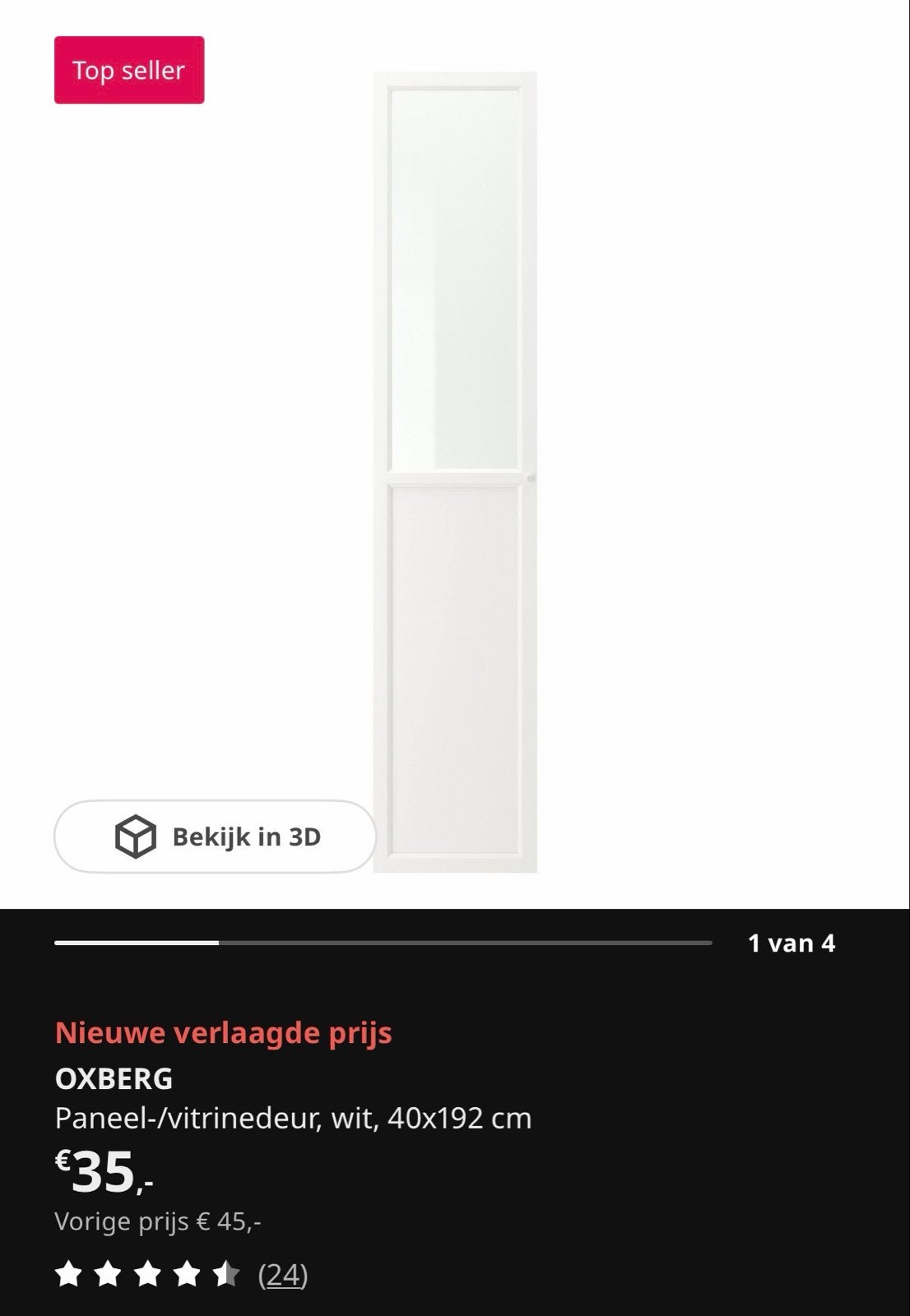 2xIKEA OXBERG Paneel-/vitrinedeur voor kast BILLY wit 40x192, Ophalen, Minder dan 50 cm, Gebruikt, Minder dan 25 cm