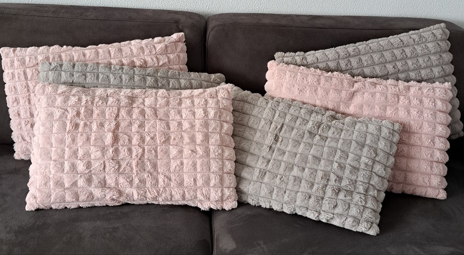 6 sierkussens 56x35cm roze en grijs, Ophalen, Gebruikt, Roze, Rechthoekig
