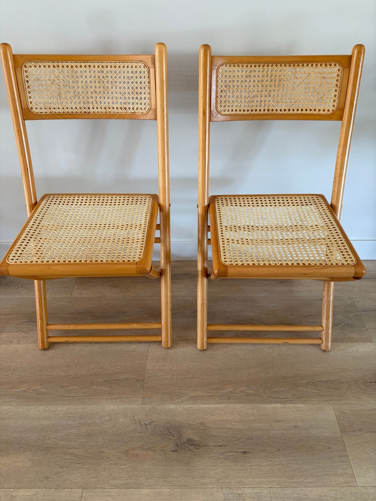 Vintage inklapbare houten stoelen met webbing (set van 2), Ophalen