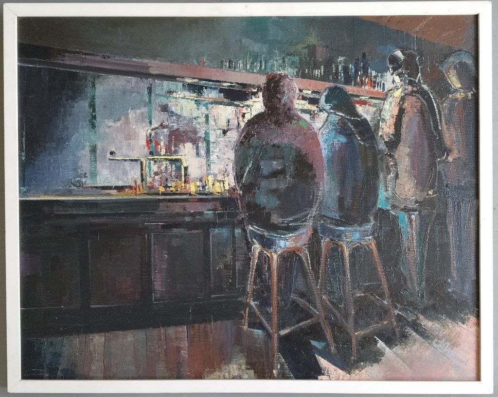 Bar – olieverf op doek, Antiek en Kunst, Kunst | Schilderijen | Modern, Ophalen, Overige materialen, Op houten frame, Olieverf
