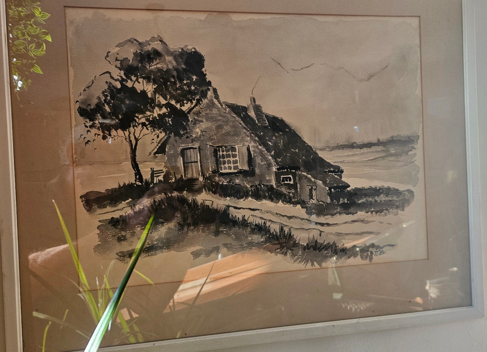Grote aquarel van boerderij, gesigneerd 'Titus', Ophalen of Verzenden, Tekening, Aquarel, Ingelijst