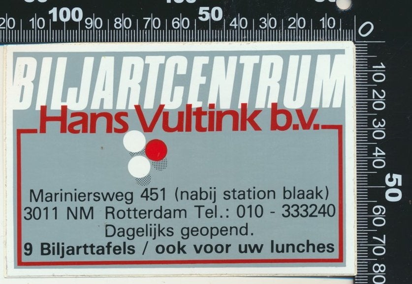 Sticker: Hans Vultink Biljartcentrum - Rotterdam, Verzamelen, Ophalen of Verzenden, Zo goed als nieuw, Bedrijf of Vereniging