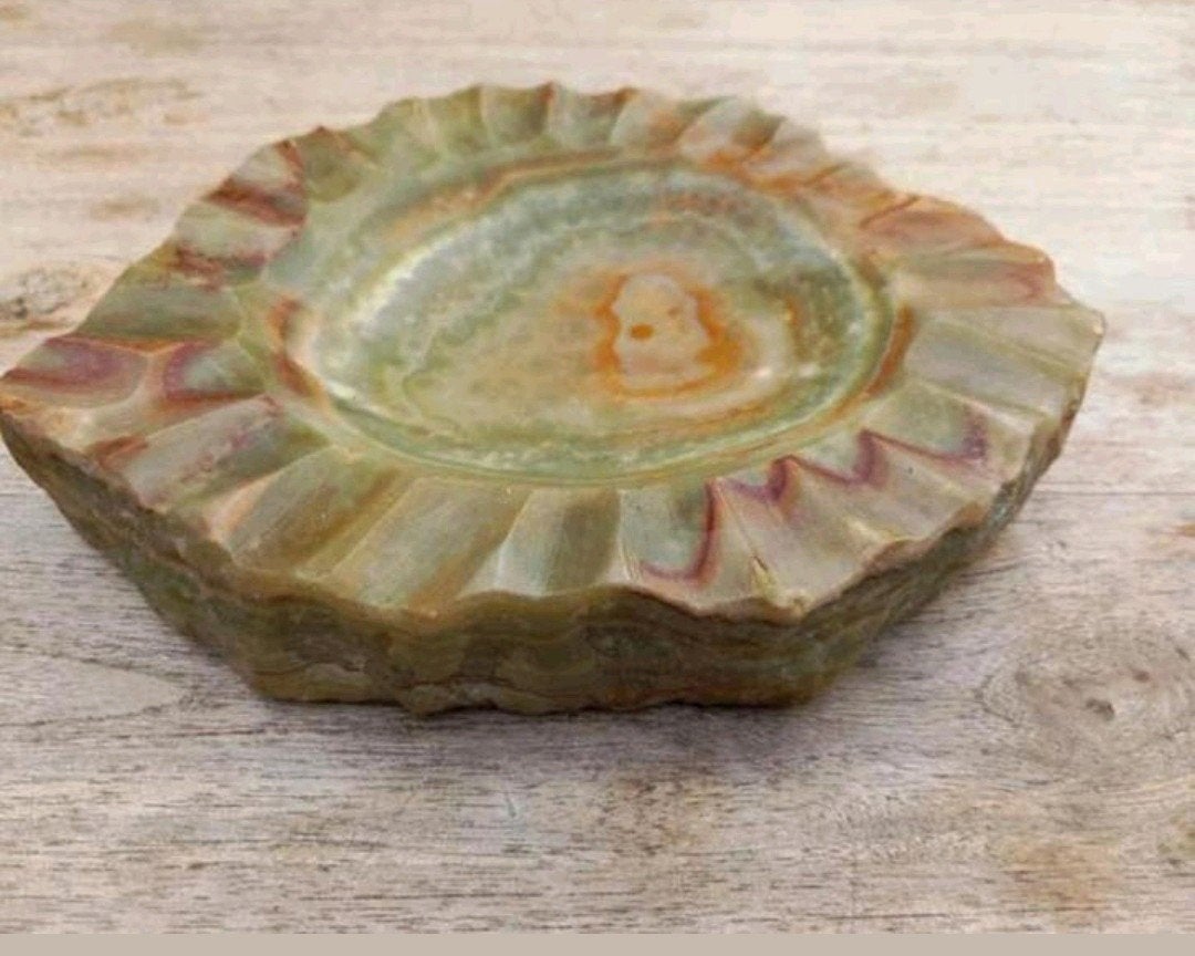 Vintage Onyx Asbak - Groen/Bruin Natuursteen, Ophalen of Verzenden