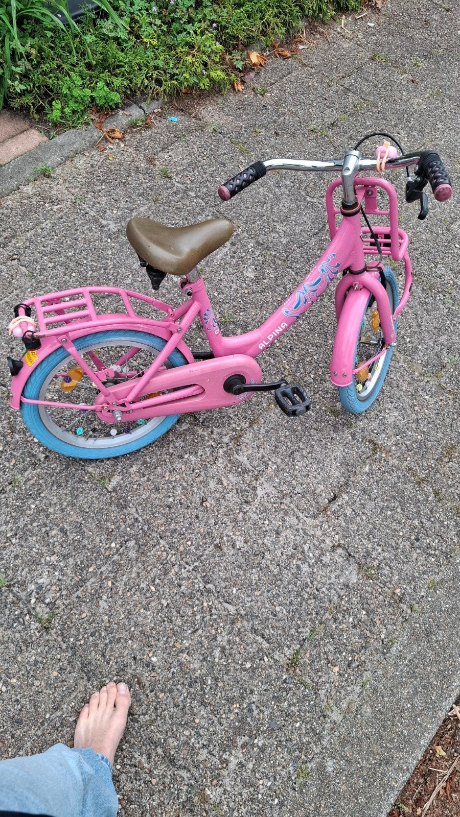 Alpina kinderfiets roze met blauwe banden, Ophalen, Terugtraprem, Alpina, 16 tot 20 inch