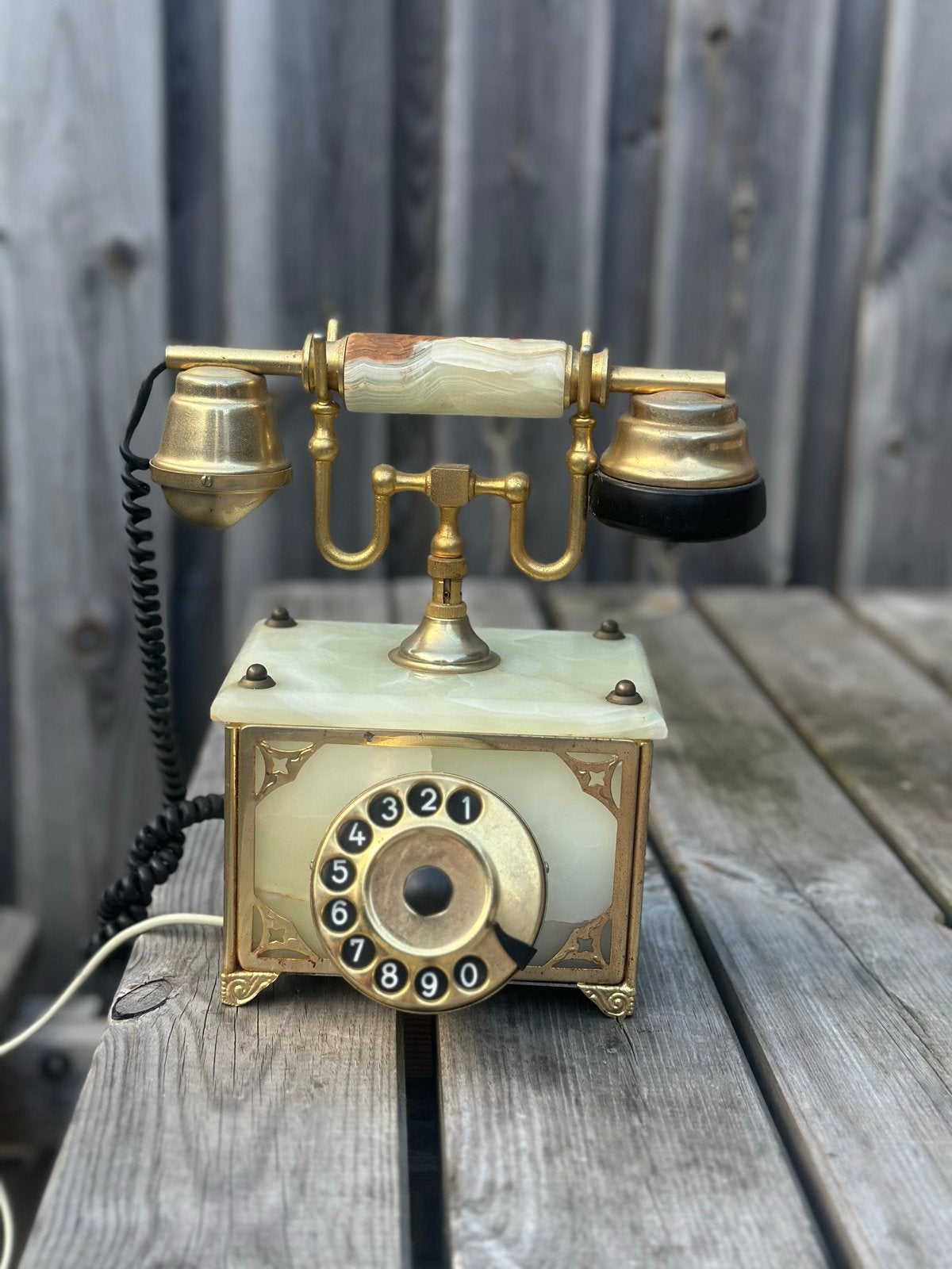 Vintage Onyx & Messing Draaischijf Telefoon, Ophalen of Verzenden, Gebruikt, Met draaischijf