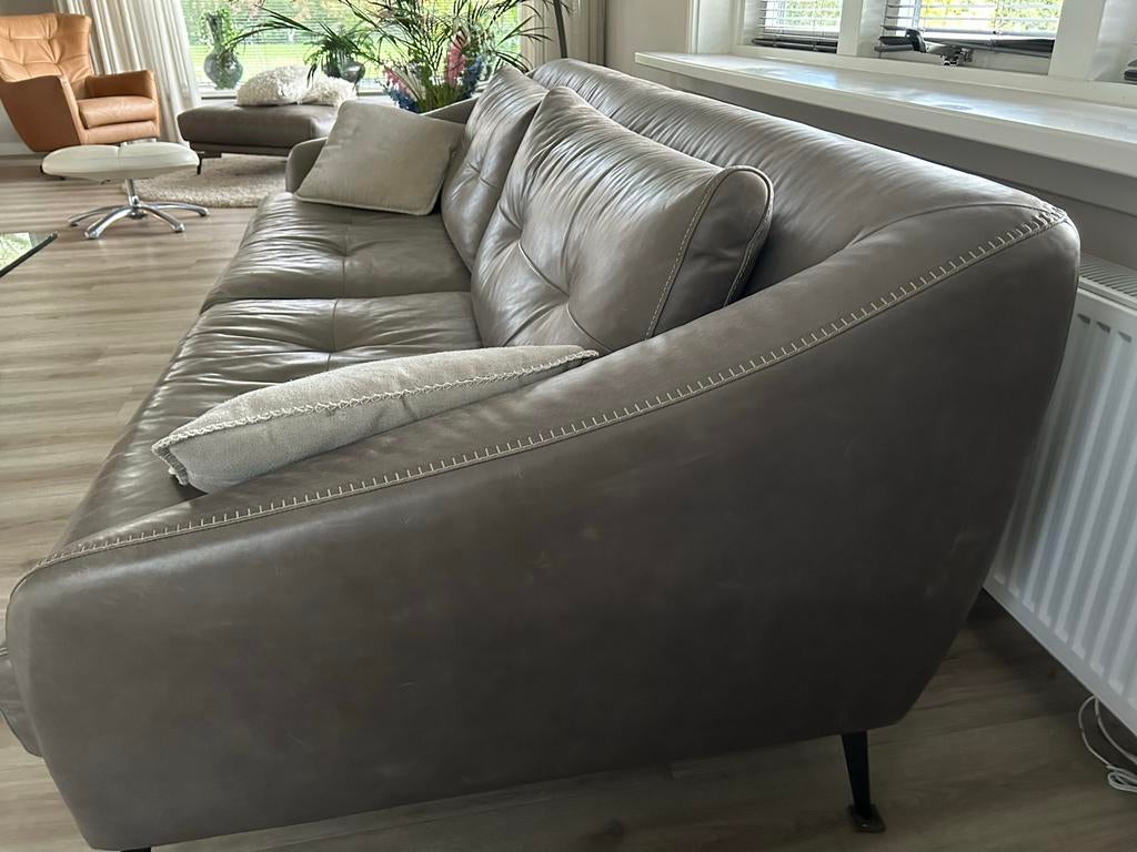 Lederen bankstel met poef, Ophalen, Gebruikt, Driepersoons, 200 tot 250 cm