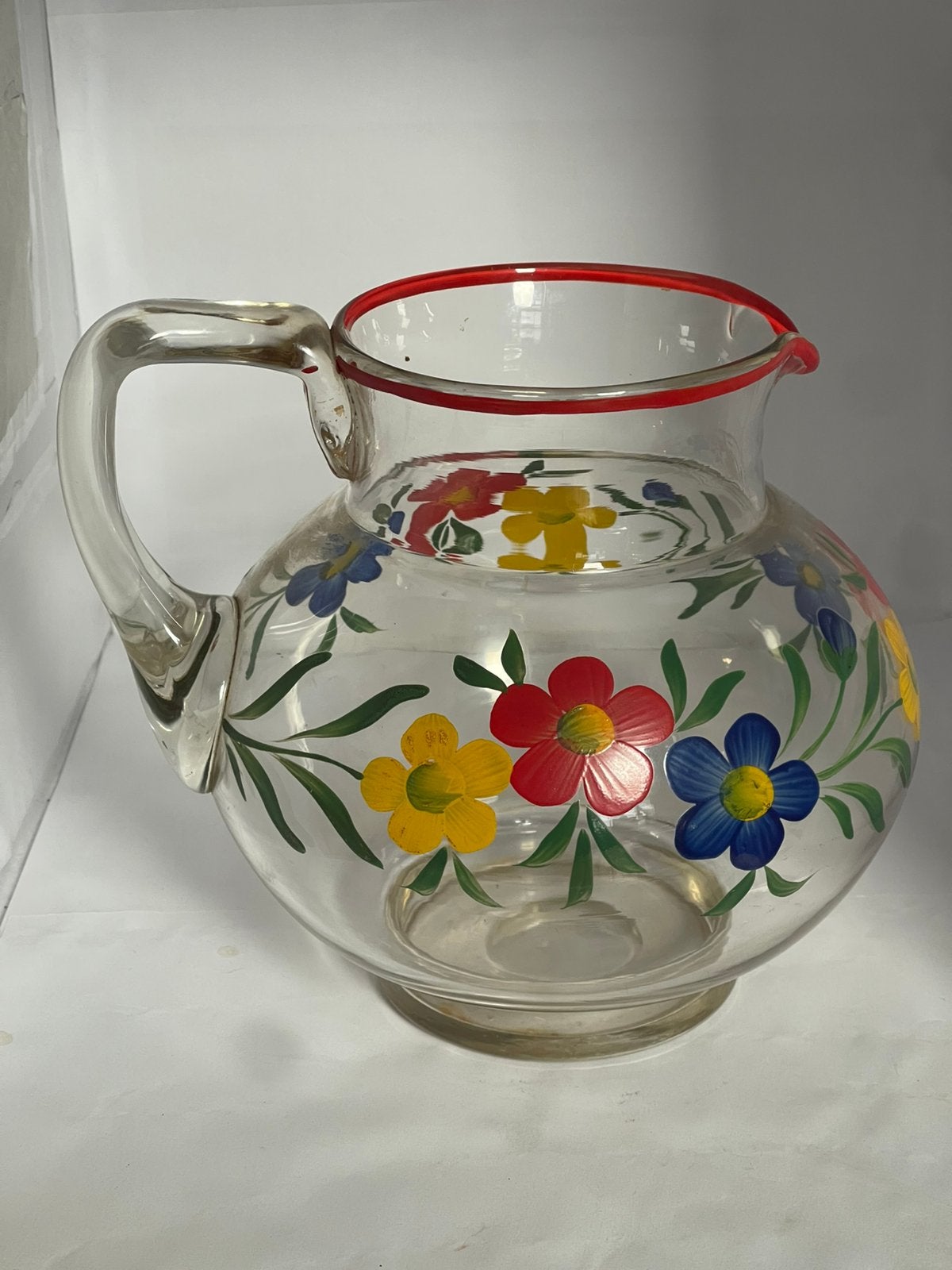 Vintage schenkkan/waterkan 2L handbeschilderde bloemen, Huis en Inrichting, Glas of Glazen, Ophalen of Verzenden, Overige stijlen