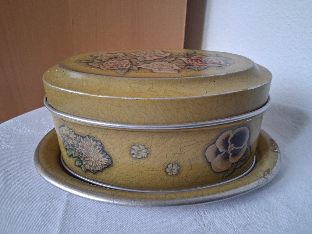 Brocante trommeltje met roosjes en onderbord, Antiek en Kunst, Curiosa en Brocante, Ophalen of Verzenden