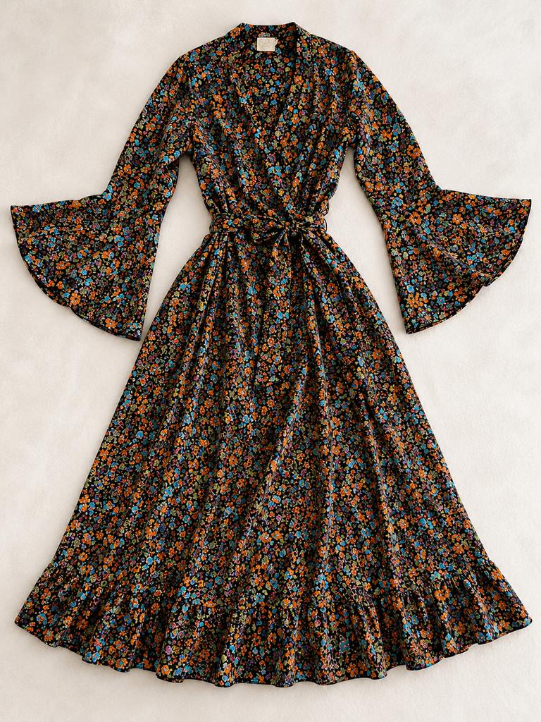 Purple Queen boho wikkeljurk zwart bloemen goud, Maat 38/40 (M), Zwart, Ophalen of Verzenden, Zo goed als nieuw
