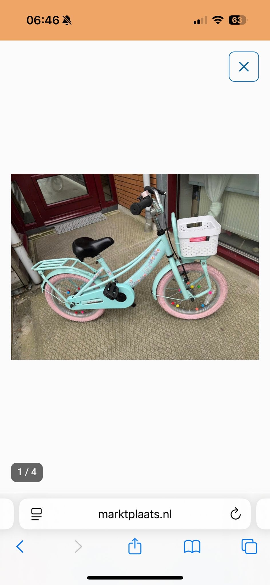 kinderfiets 16 inch - lichtblauw met roze banden, Ophalen, Gebruikt, Terugtraprem, 16 tot 20 inch