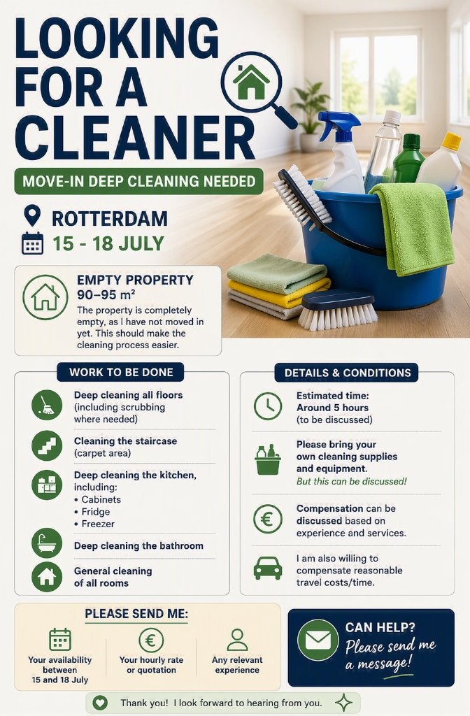 Moving in Cleaning Service Wanted - (15-18 July), Vacatures, 33 - 40 uur, Overige niveaus, Overige vormen