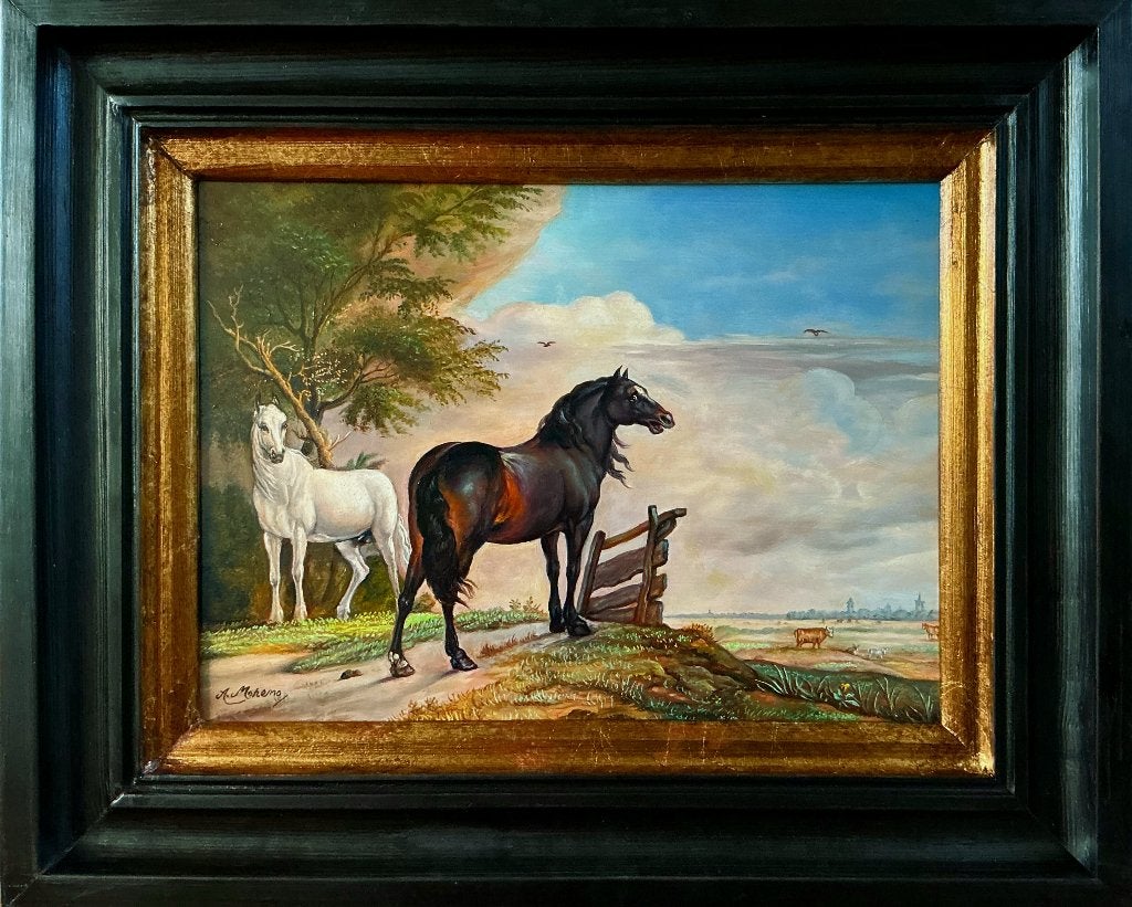 Twee paarden in de wei bij een hek. Alfonso Moreno (1947), Ingelijst, Paneel, Dieren, Ophalen of Verzenden
