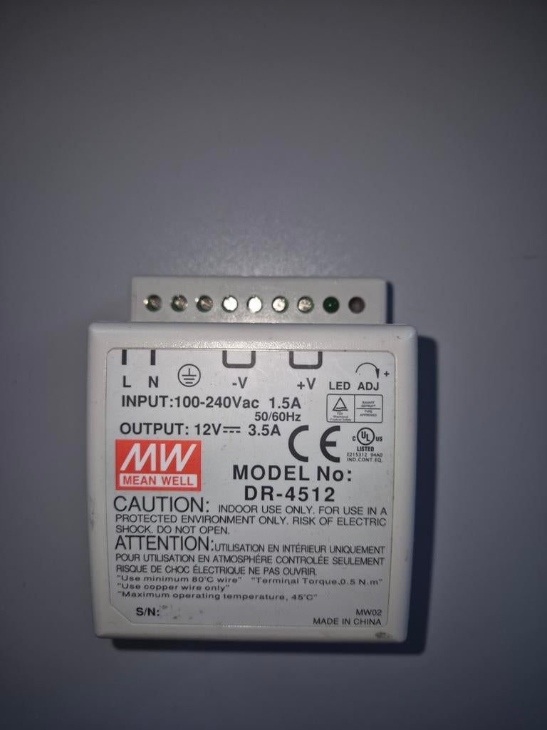 Mean Well DR-4512 DIN-rail voeding 12V DC 3.5A, Ophalen of Verzenden, Gebruikt, Overige typen