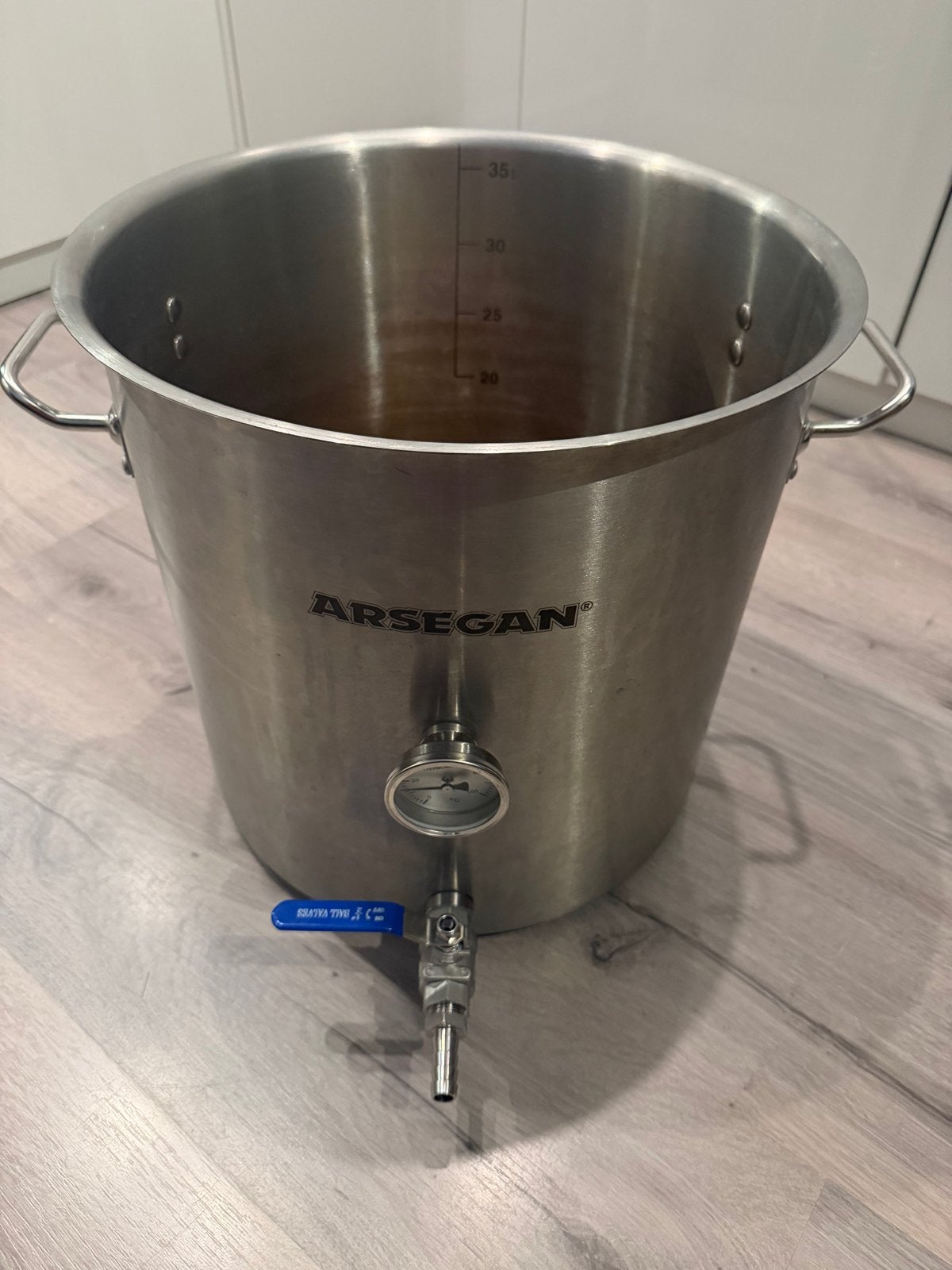 Arsegan 38L Maischpan met filterbodem en thermometers, Ophalen, Zilver, Metaal, Overige merken