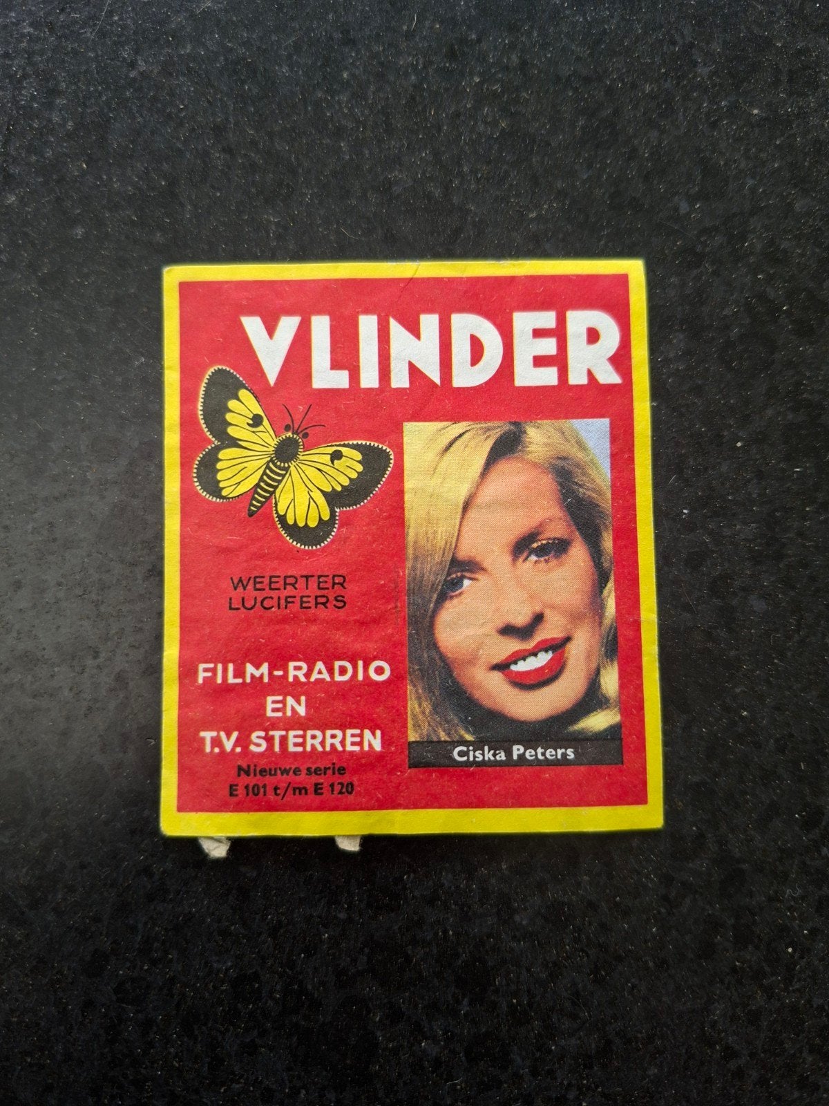 paketiket Vlinder artiesten E101-E120 Ciska Peters, Ophalen of Verzenden, Zo goed als nieuw, Luciferdoosjes of -merken