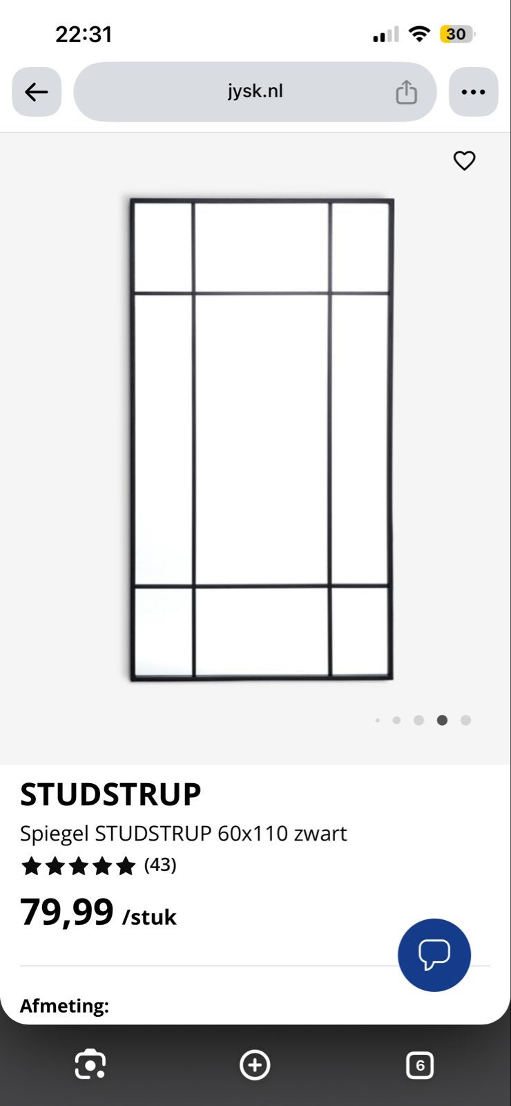 JYSK STUDSTRUP spiegel 60x110 zwart, Huis en Inrichting, Ophalen, 100 tot 150 cm, Zo goed als nieuw, Rechthoekig