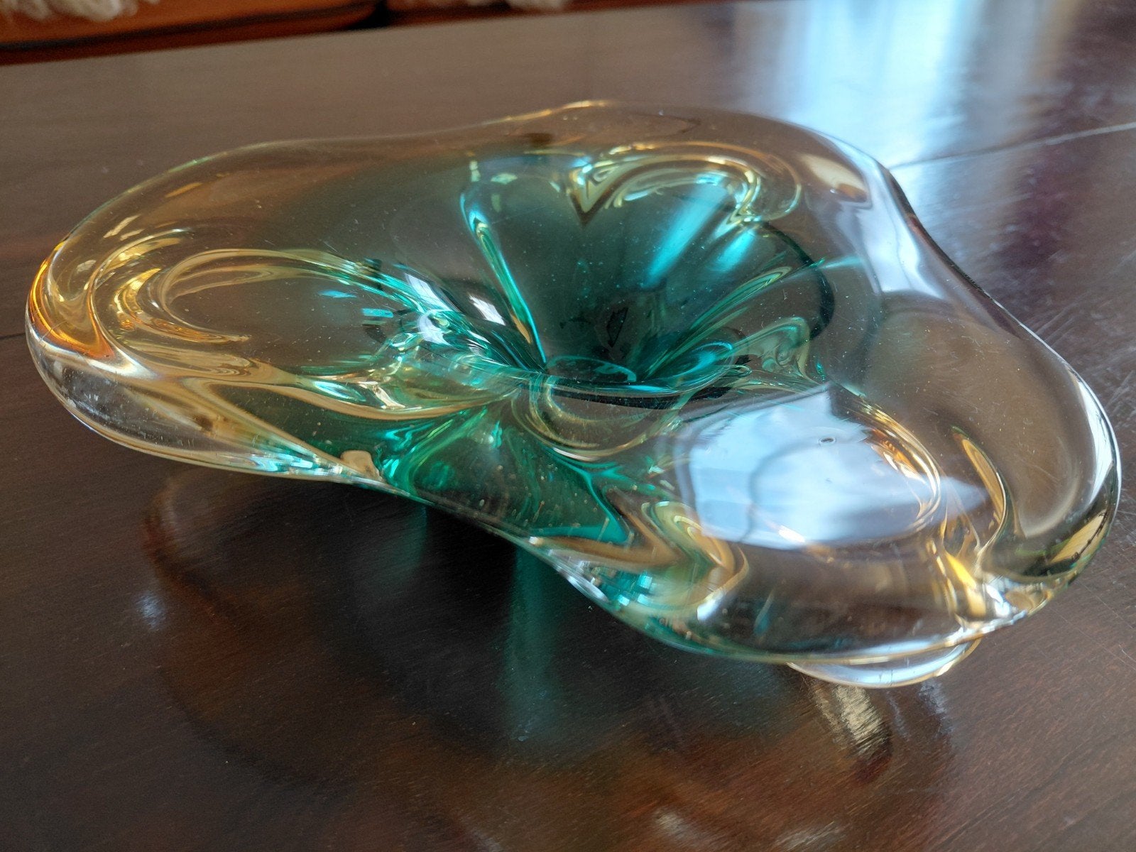 Murano glazen schaal, groen/amber, Ophalen of Verzenden