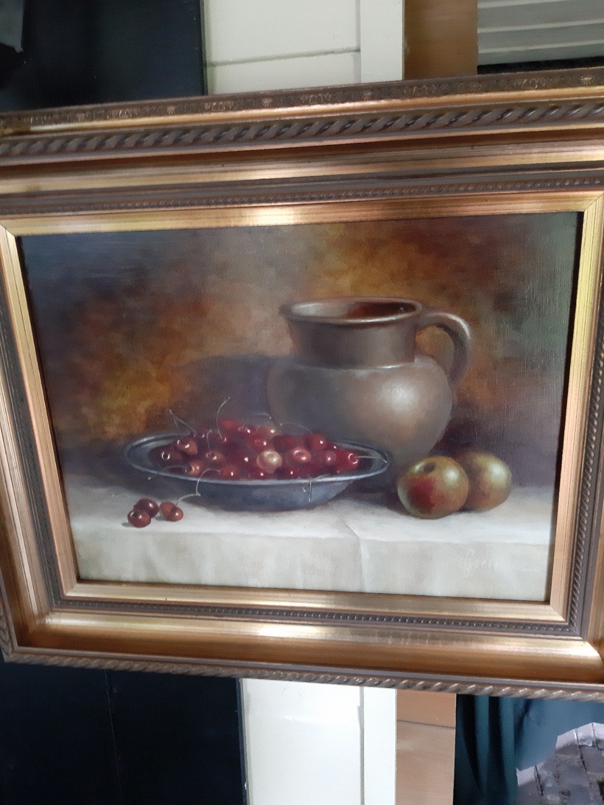 Stilleven van Godelive - Kersen en kruik, 40x30 cm, Antiek en Kunst, Kunst | Schilderijen | Klassiek, Ophalen of Verzenden