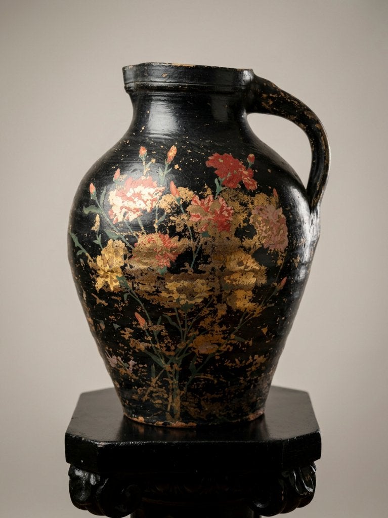Antieke Terracotta kruik Zwart Beschilderd met Bloemen +Zuil, Ophalen