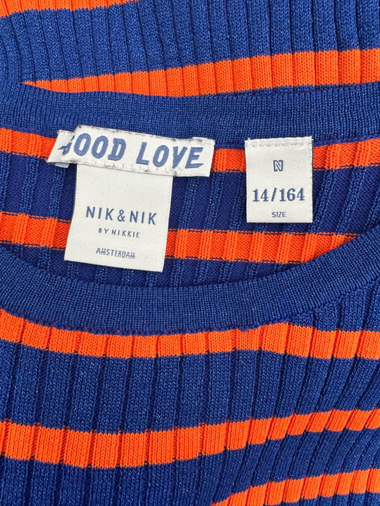 Nikkie Jurk Blauw/Oranje Gestreept Maat 14/164, Ophalen of Verzenden, Zo goed als nieuw, Meisje, Jurk of Rok
