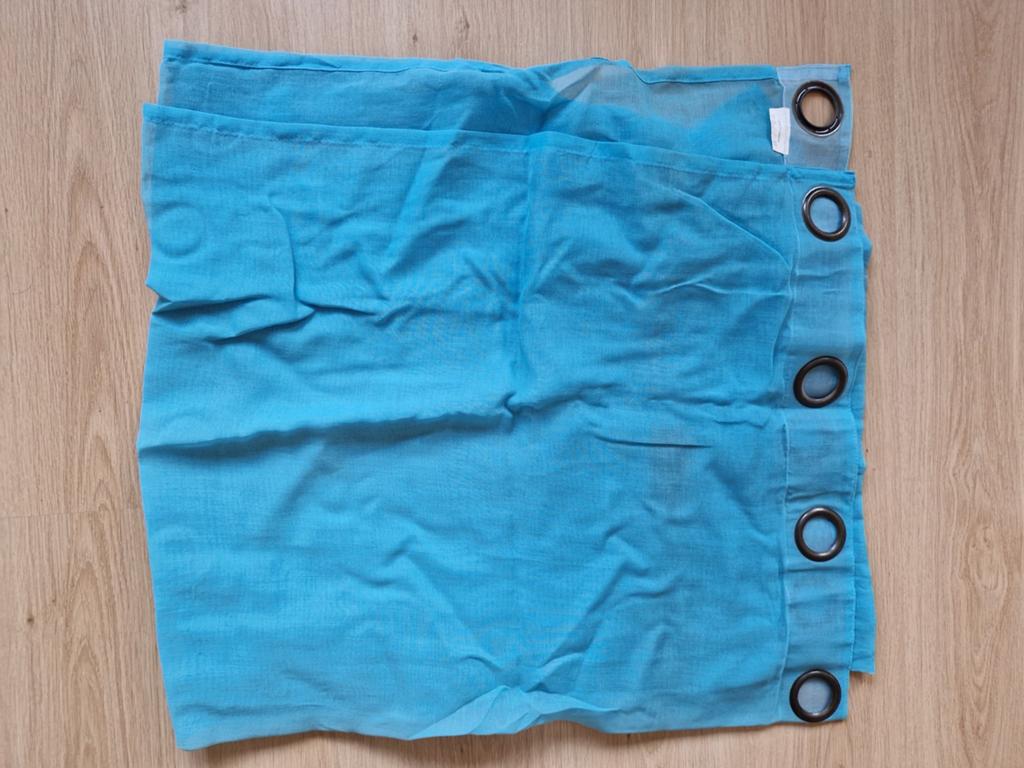 Aqua blauwe vitrages (2 stuks) 140x300 cm, Gebruikt, 100 tot 150 cm, Ophalen of Verzenden, 200 cm of meer