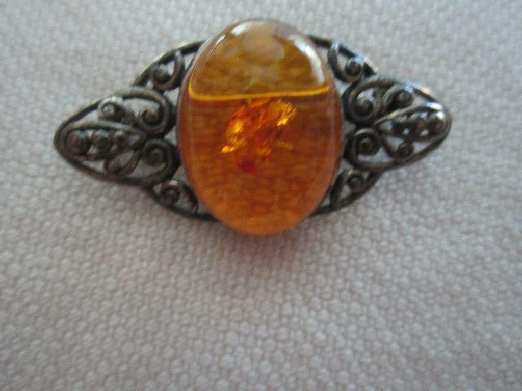 20.  Schitterene oude broche, zilver 925, barnsteen, Ophalen, Zilver, Broche